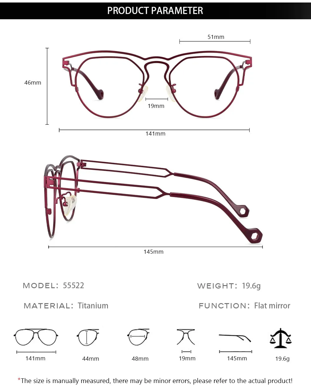CCspace Unisex Full Rim Round Double Bridge Titanium Eyeglasses 55522