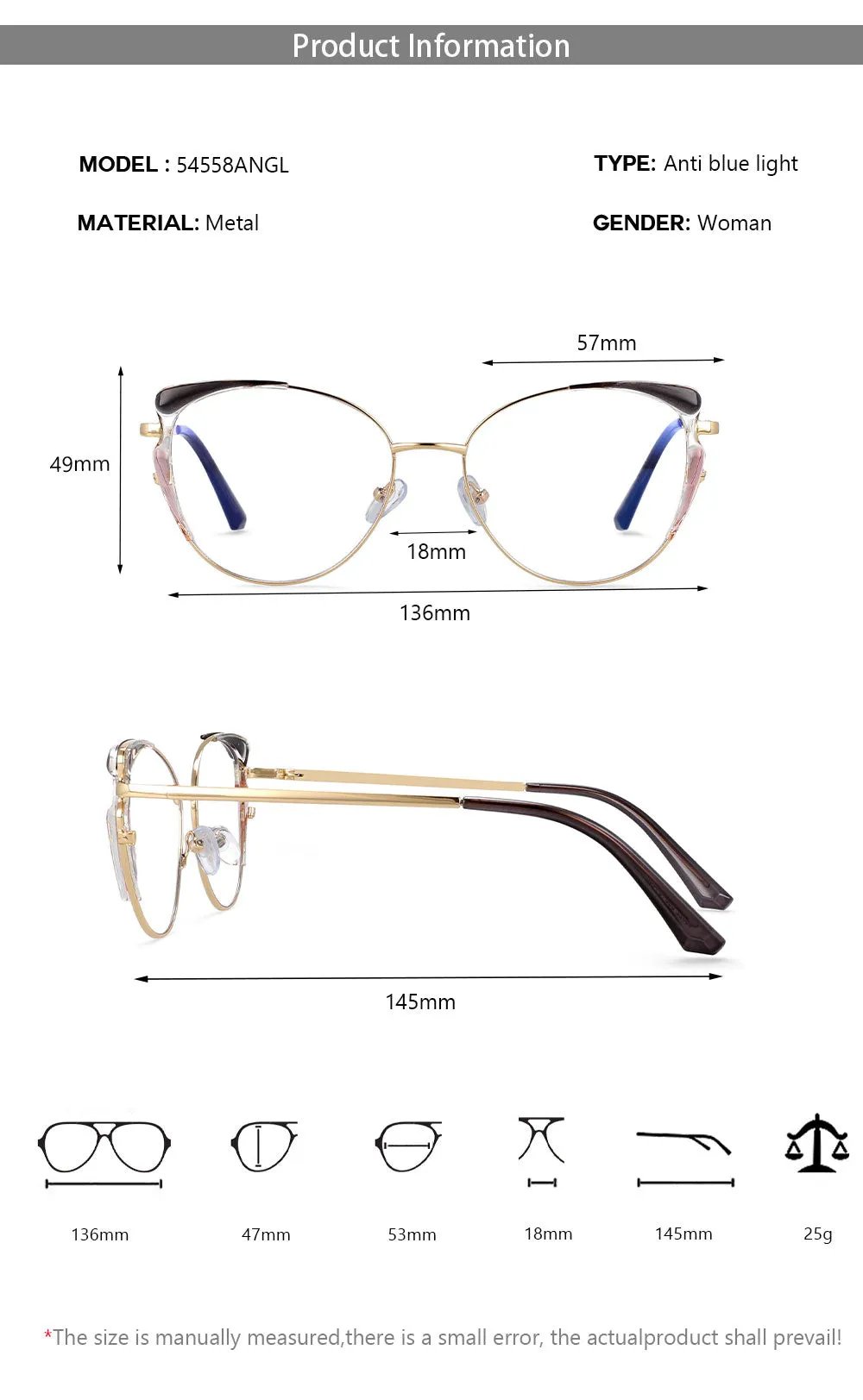 CCspace Women's Full Rim Square Cat Eye Tr 90 Alloy Frame Eyeglasses 54558
