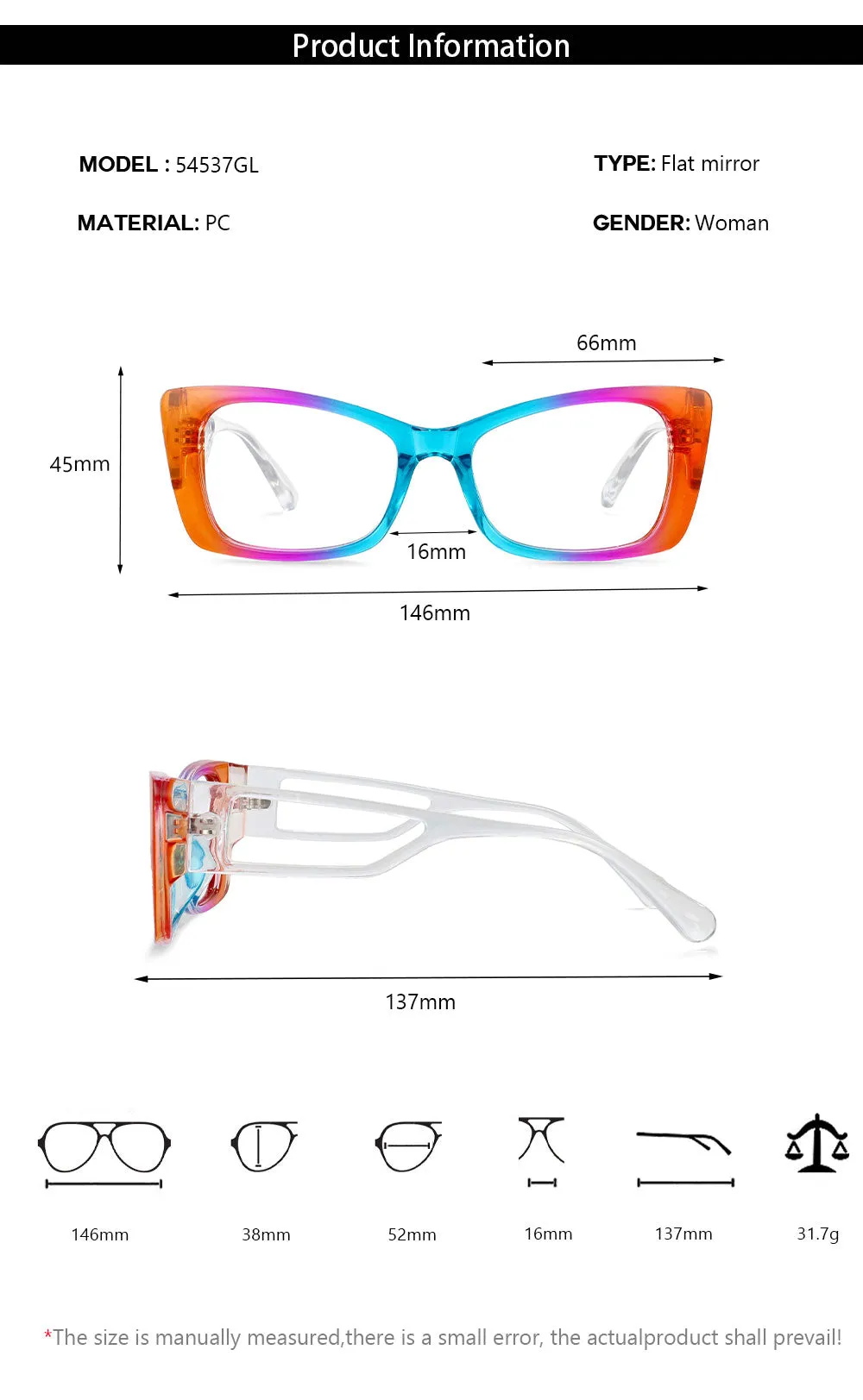CCspace Women's Full Rim Square Resin Frame Rainbow Eyeglasses 54537