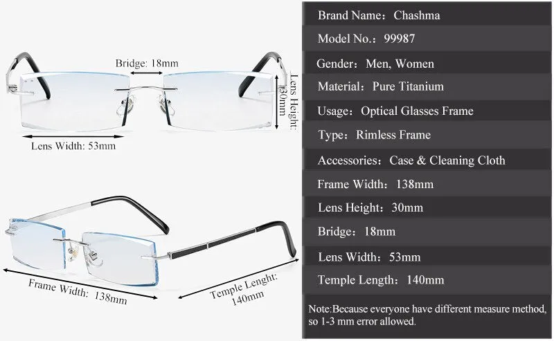 Chashma Ottica Men's Rimless Square Rectangle Titanium Eyeglasses Tinted Lenses 99987