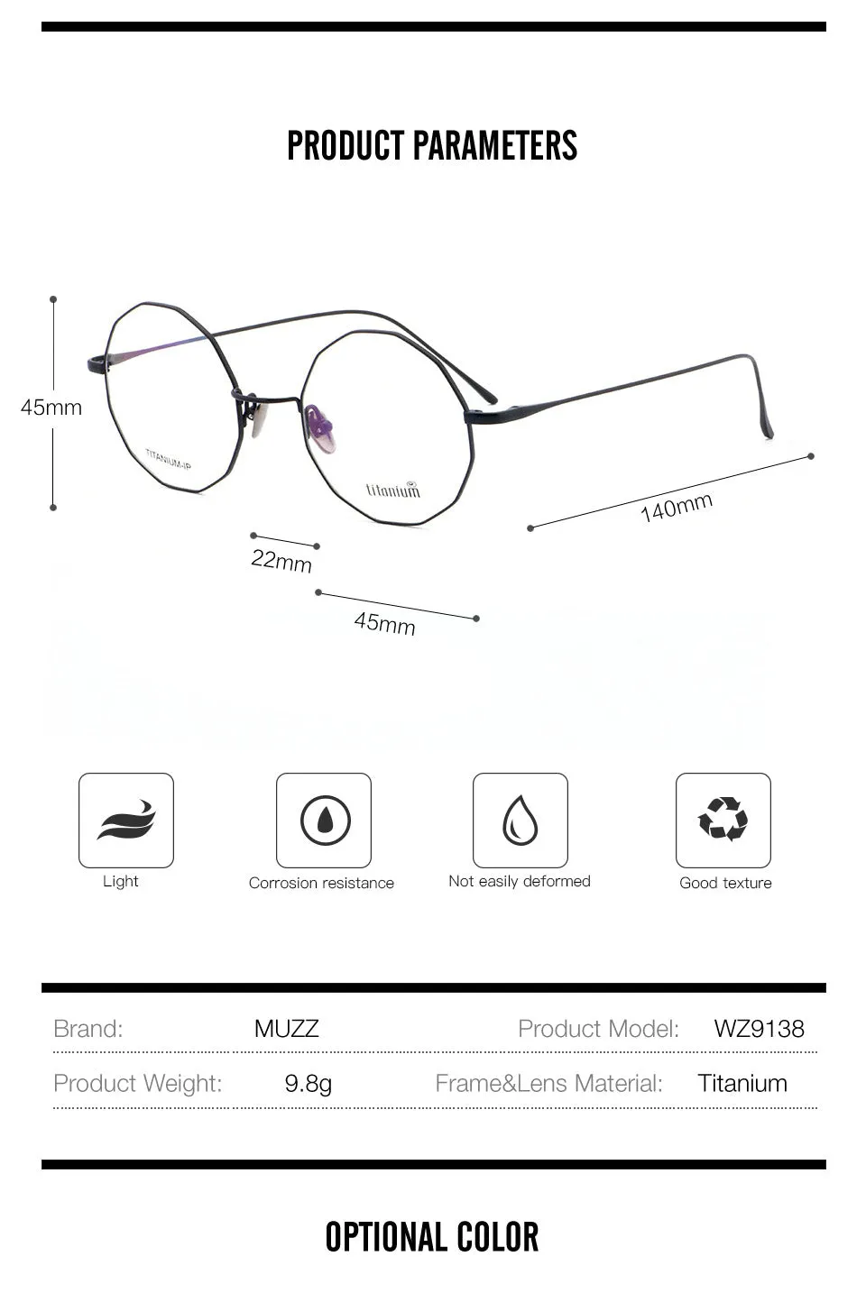 Muzz Unisex Full Rim Irregular Round Titanium Frame Eyeglasses Wz9138