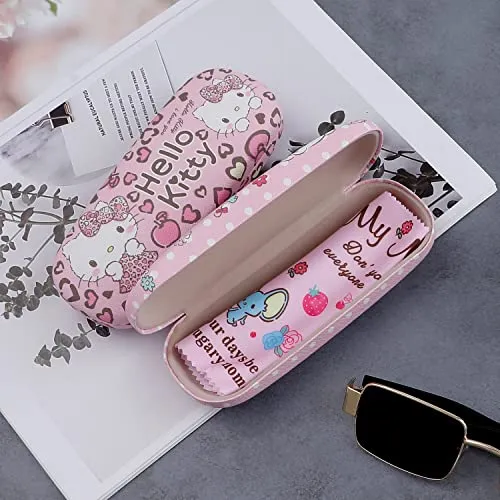 Pink Kitty Hard Shell Eyeglasses Cases Cartoon Protective Case with Glasses Cloth Storage Box Holder for Girl Teen-4